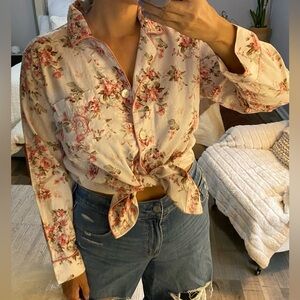 Oscar De La renta pink floral cotton button down pajama shirt. XL